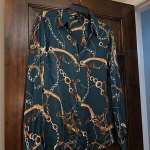 Equestrian Design BCX Green and Gold Chain Pattern Blouse